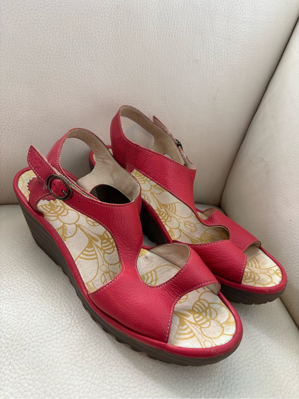 Fly London Red Leather Wedge Sandals